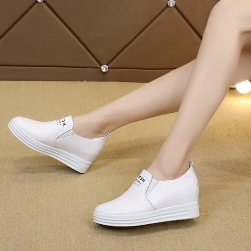 Women Loafers Flat Platform Shoes Increasing Slip on Shoes Woman Black Loafer Pu Leather Casual Shoes White zapatos mujer N7249G