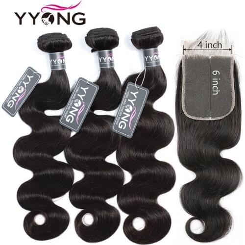 Yyong Hair 4x6 Closure With Bundles Remy Brazilian Body Wave 3/4 Bundles With Closure Human Hair Weave Bundles With Closure