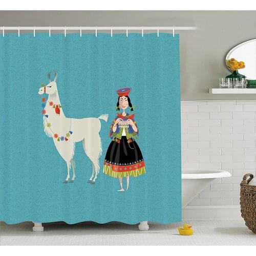 Llama Shower Curtain Peruvian Woman Knitting with a White Alpaca Wrapped with Flower Colorful Illustration Bath Curtains