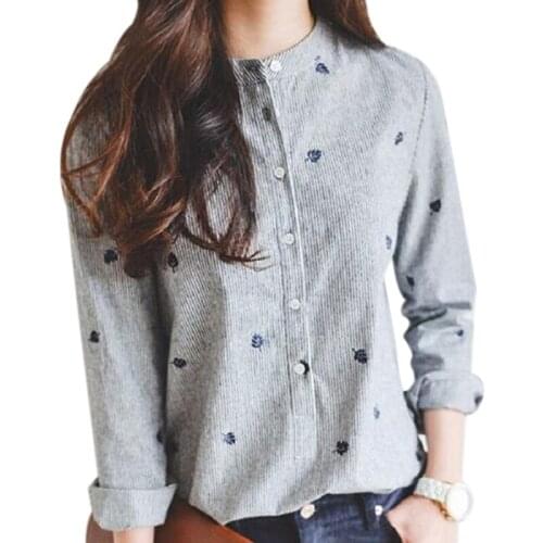 Women Autumn Leaves Embroidery Long Sleeve Blouses Female Ladies Casual Shirt Tops Striped Casual Blouse XL