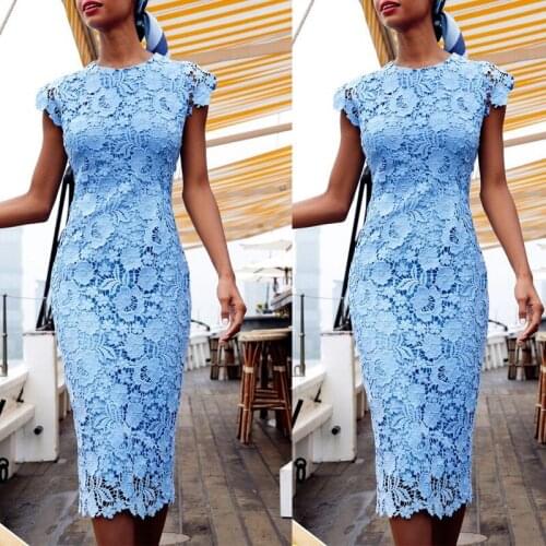 Women Elegant Lace Dress Sexy Sleeveless Floral Hollow Out Pencil Dress Female Summer New O Neck Mid Length Dress