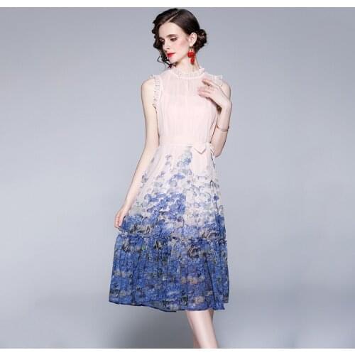 2021 Summer Womens Dress European Gentle Style Lotus Leaf Collar Printed Lace-up Pleated Dress New Waist Female Dresses X351