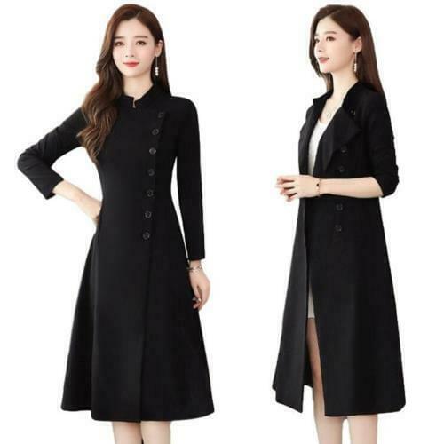 Womens Dress Windbreaker Stand Collar Knee Length Slim OL Business Formal D