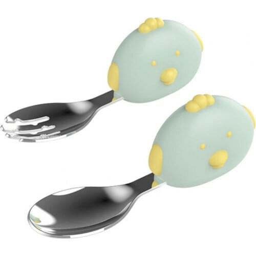 2Pcs/Set 3 Durable Lovely Colors Creative Baby Dinnerware Cartoon Chick Portable PP Handle Training Spoon Fork Set for Feeding