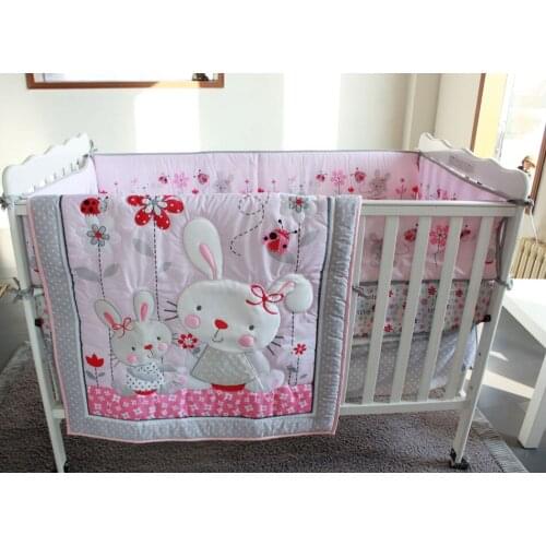 2017 cartoon 7pcs Appliqued Baby Cot Crib Bedding set for girls Comforter / Quilt Fitted Sheet Bumpers Skirt