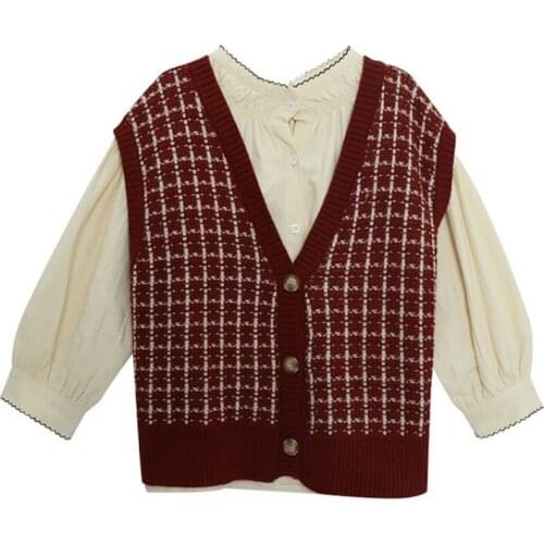 2021 Cottagecore Plaid Knitted Vest Single Breasted Women V Neck Loose Cardigan Style Vest Red Black Spring Autumn Vintage New