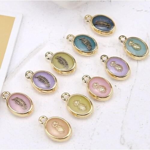 6pcs Women Korean Style Alloy Drop Oil Glitter Embedded Feather Pineapple Shape Oval Pendant Earring Diy Jewelry Accessories