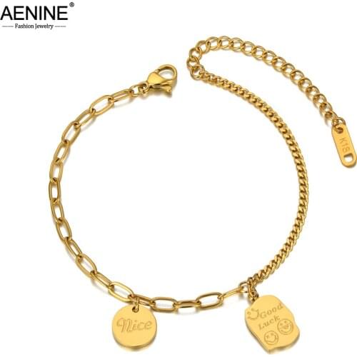 AENINE Titanium Stainless Steel Bohemia Beach Chain & Link Bracelets For Women Trendy Good Luck Smile Charm Bracelet AB20120