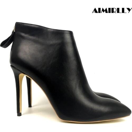 Women Pointed Toe High Heels Ankle Boots Back Zipper Winter Autumn Party Dress Sexy Booties Black Aimirlly