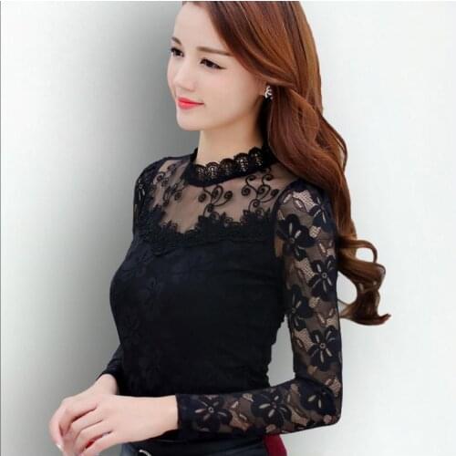 Ethnic lace 2019 basic shirt female long-sleeve slim top women Retro slim summer shirt pullover hollow out black lace blouse