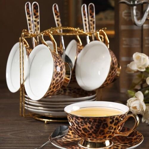 Europe Classic Leopard Print Bone China coffee cups and saucers Hand-painted Golden rim Tea Cup Coffee Cup Set Wedding gift