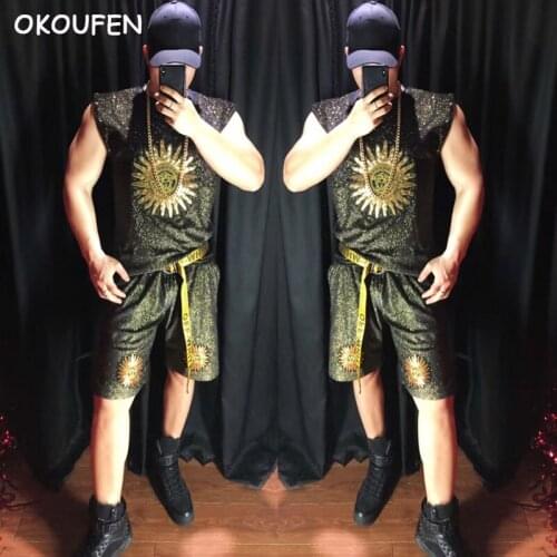 Fashon Black Gold Embroidery hip-hop Loose Vest Costumes Suit Nightclub Male singer bar DJ DS Stage dance wear performance cloth