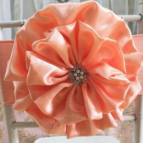 New Arrival Wholesale Salmon Handmade Satin Flower With Spandex Chair Band Chair Sash 100PCS/Lot For Wedding Decoration