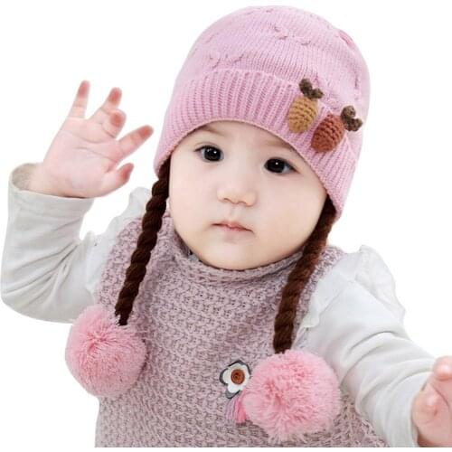 Autumn Baby Girls Woolen Knitted Warm Long Braid Wig Pompom Hat Skull Cap Beanie