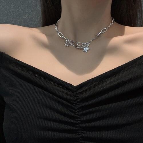 Titanium Hip-Hop Two Five-pointed Stars Cobic Zirconia Pendant Necklace Stainless Steel Choker Women Emo Grunge Jewelry Gifts