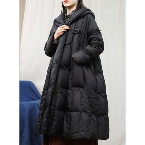 Ailegogo Casual Female Loose Hooded Thick Warm 90% White Duck Down Long Coat with Belt Winter Women Pocket Down Jacket Outwear