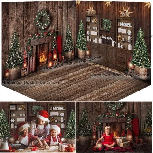 Christmas Kitchen Backdrop for Photography Fireplace Cupboard X-mas Tree Gifts Holiday Party Decorations Wreath Photocall Props