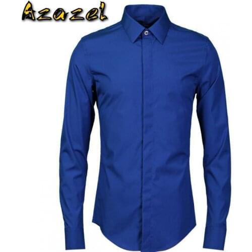 Azazel Men Shirts Luxury Sapphire Blue Metrosexual Casual Mens Dress Shirts Plus Size 4xl Single Breasted Long Sleeve Shirts Man
