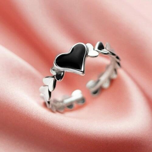 VENTFILLE 925 Sterling Silver Black Love Heart zircon Ring Female Sweet Temperament Cute Fashion Open Jewelry