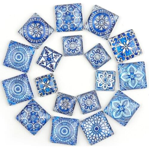 Vintage Blue Flower Cabochon 15/20/25/30mm DIY Jewelry Making Square Glass Cabochon For DIY Necklace Bracelet Ring Wholesale