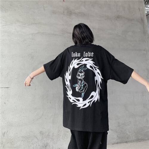 Black Cartoon T Shirt White Oversized Streetwear Girls Funny Tees Cool Summer Loose High Street Rabbit Print T Shirt Females