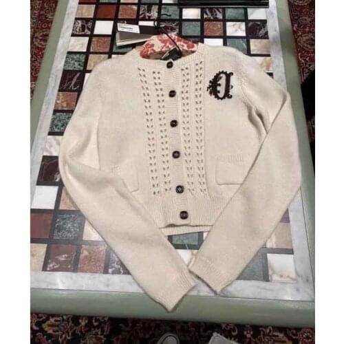 100% Women Cardigan Wool O-Neck Knitted Jacket Letter Embroidery hollow out black button Single Breasted Elegant