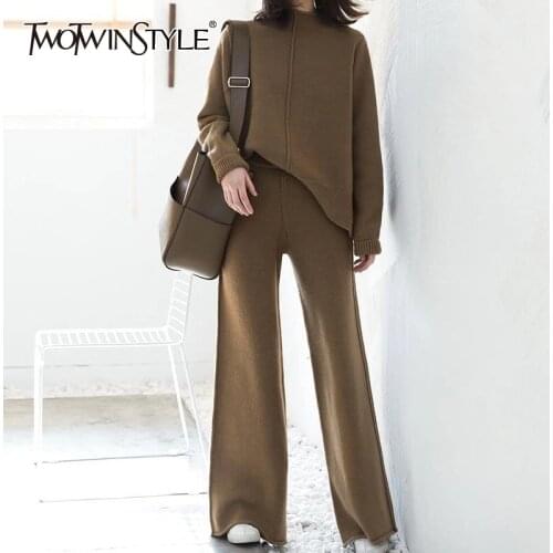TWOTWINSTYLE Knitted Two Piece Set For Women O Neck Long Sleeve Sweaters Wide Leg Pants Casual Sets Female 2021 Autumn Clothing