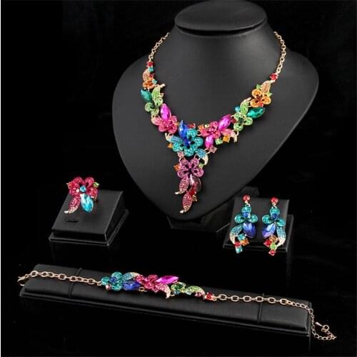 4Pcs Crystal Flower Pendant Necklace Bracelet Earrings Ring Fashion Jewelry Set Bridal Wedding Party Choker African Collar Bibs