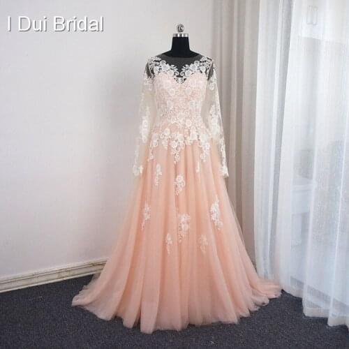 A line Blush Wedding Dresses Real Photo Long Sleeve Sheer Back High Quality Illusion Neck Lace Appliqued