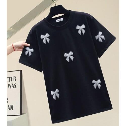 Bowknot white T-shirt ladies 2021 spring and summer top loose O-neck black T-shirt Korean new diamond pearl beaded