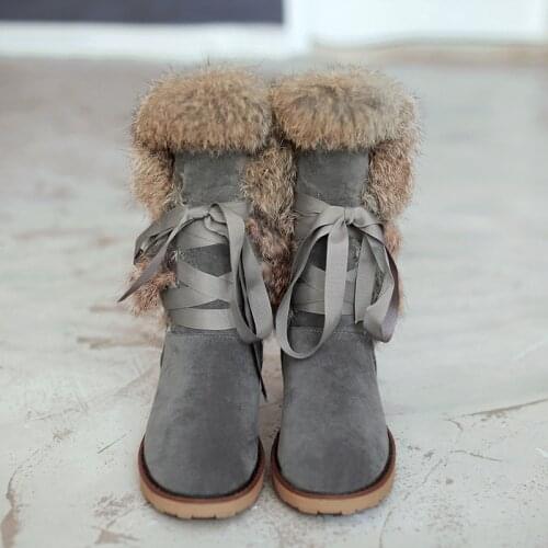Rabbit Fur High Tall Snow Boots Woman Flats 2020 Winter New Female Velvet Snowshoes Lacing Up Warm Fur Snow Boots
