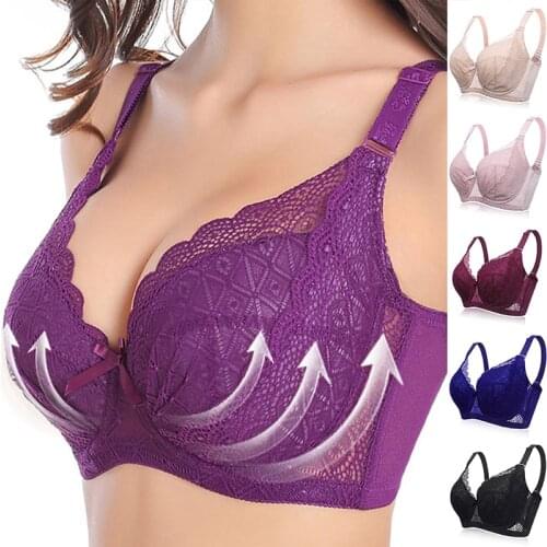 Plus Size Bra Sexy Push Up Minimizer Lace Busty Bras For Women, Bow Full Cup 4 Hook-and-eye Adjustable Strap Underwire Thin Bra