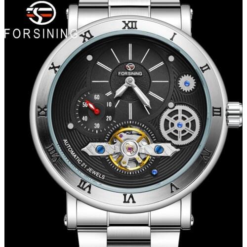 FORSINING Tourbillon Automatic Mechanical Men Wristwatch Military Sport Male Clock Top Brand Luxury Silver Steel Man Watch 8224