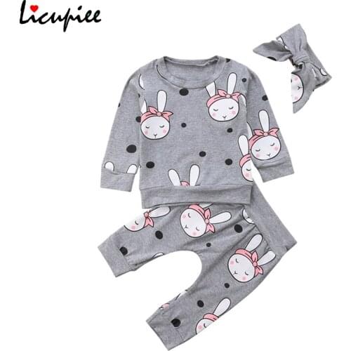 Newborn Baby Girl Cute Cartoon Rabbit Top T-shirt +pants+headband Clothes 3pcs Outfits Set 0-24 Months