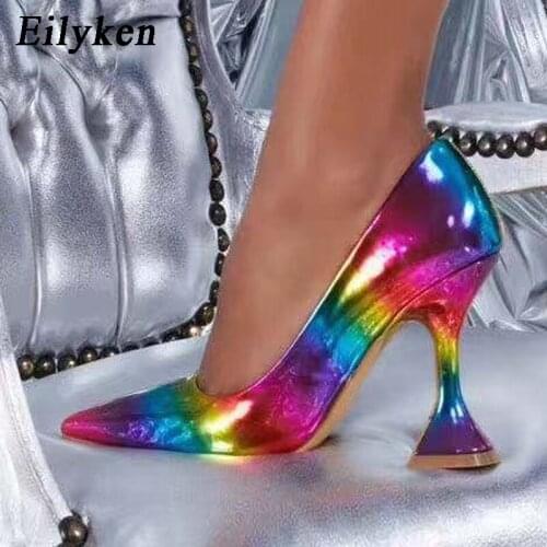 Eilyken Fashion New Rainbow Color Patent Leather Women Pumps 2021 Autumn Cup Heeled Shallow Pointed Toe High Heels Wedding Shoes