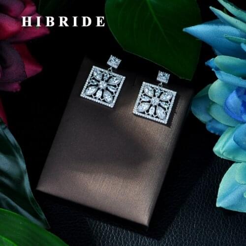 HIBRIDE Luxury Square Cubic Zircon Crystal CZ Long Drop Earrings for Women African Bridal Earring aretes de mujer modernos E-50