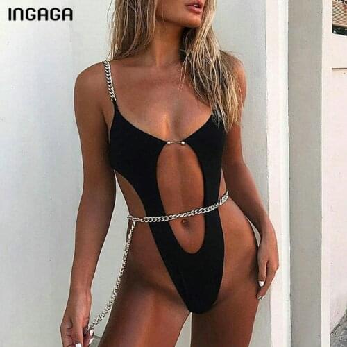 INGAGA Sexy Womens Swimsuit 2021 One Piece Swimwear Women Chain Ring Bodysuit Deep V-neck Monokini Solid Bathing Suit Summer
