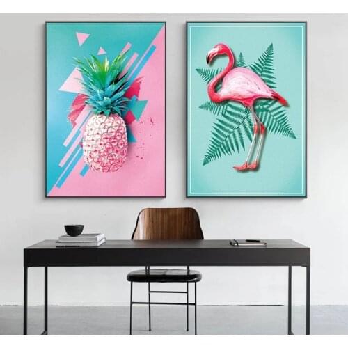 Canvas Painting Modern Nordic Pink Pineapple Flamingo Plant Picture Posters and Prints Wall Art for Living Room Decor