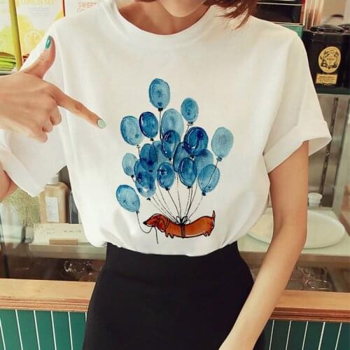 Summer 2021 Womens Oversized T-shirt Puppy Kawaii Cartoon Print Ladies T-shirt Short Sleeve Casual White 90s Trendy Graphic Top