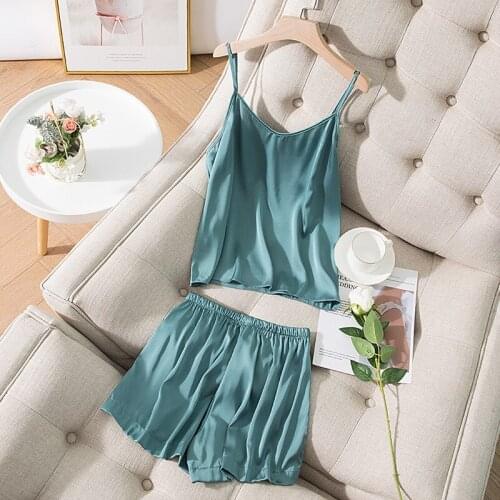 123 Ladies Pajama Set Cute Solid Pattern Sleepwear Silk V Neck Sexy Pijama Satin Night Home Suits Wear Sleeveless Top And Shorts