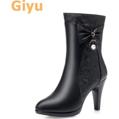 Giyu 2020 autumn and winter new High heels wool Boots Fashion Martin boots Womens boots Genuine Leather Full cowhide Plus size