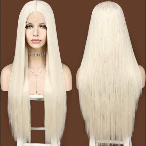 Krismile Long Straight Synthetic Lace Wig White Blonde T Middle Parting Wig Daily Wear for Women Cosplay Party Heat Resistant