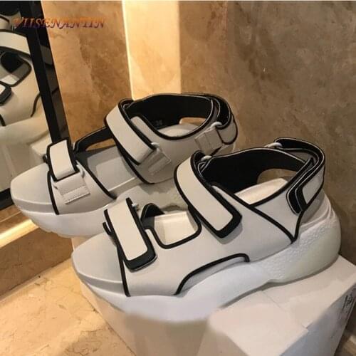 Casual personality thick-soled sports sandals female INS trend summer mixed color Velcro increase student beach sandals