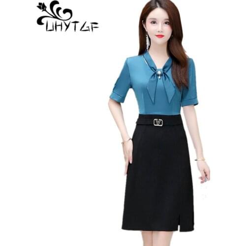 UHYTGF Fashion Womens Dresses Short Sleeve Pullover Fake Two Piece Slim Summer Dress Temperament Female 4XL Plus Size Dress 1408
