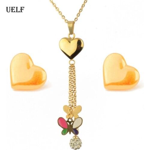 UELF Cute Cat Butterfly Jewelry Set Stainless Steel Animal tassel Heart Pendant Necklace Earrings Set Best Friends Gift