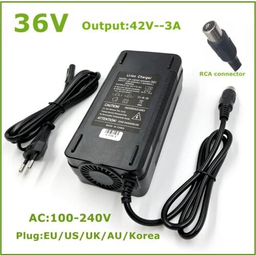 36V E-bike Li-ion Charger RCA Plug Connector Output 42V3A Charger for 36V Lithium Battery Electric Bike Have Fan Dissippate Heat