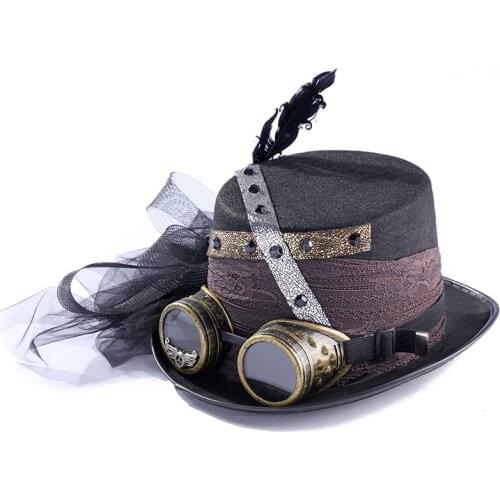Top Hat With Detachable Goggles Steampunk Retro Women Hat Black Feather Adult Cosplay Halloween Fedoras Bowknot