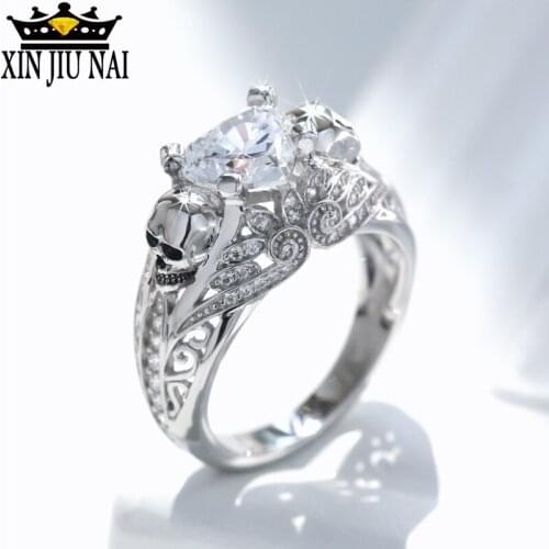 Uloveido Double Skull Rings for Women Accessories Cubic Zirconia Heart Love Female Ring with Stone for lady Girls Gifts