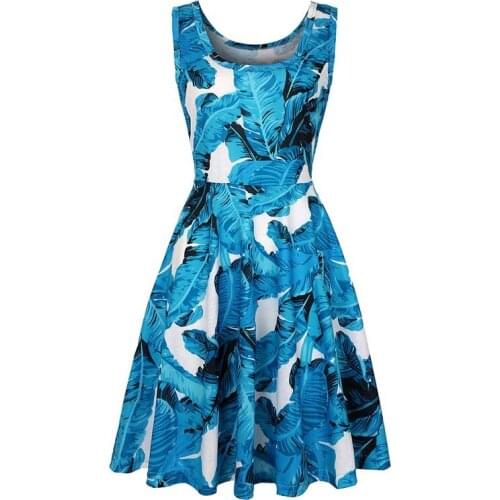 Summer Women Bohemian Blue Banana Leaves Beach Casual Sleeveless Big Hem Knitting Pullover Dress