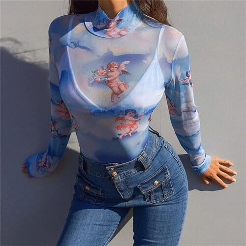 Women Sexy See Through Graphic Sheer Angel Print Long Sleeve Skinny Bodysuit O-Neck Elastic Hight Sporty Streetwear Slim Outfits